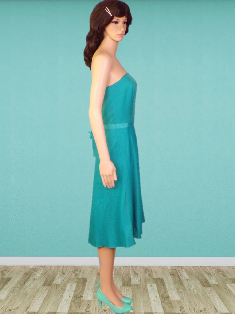 ANN TAYLOR size 8 teal-green OTS fit/flare party/cocktail dress cotton/silk - Picture 3 of 15